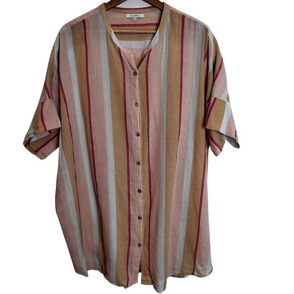 Z SUPPLY Oversized Button Front Top Womens L Orange Stripes Multi Coastal Boho - Picture 1 of 13